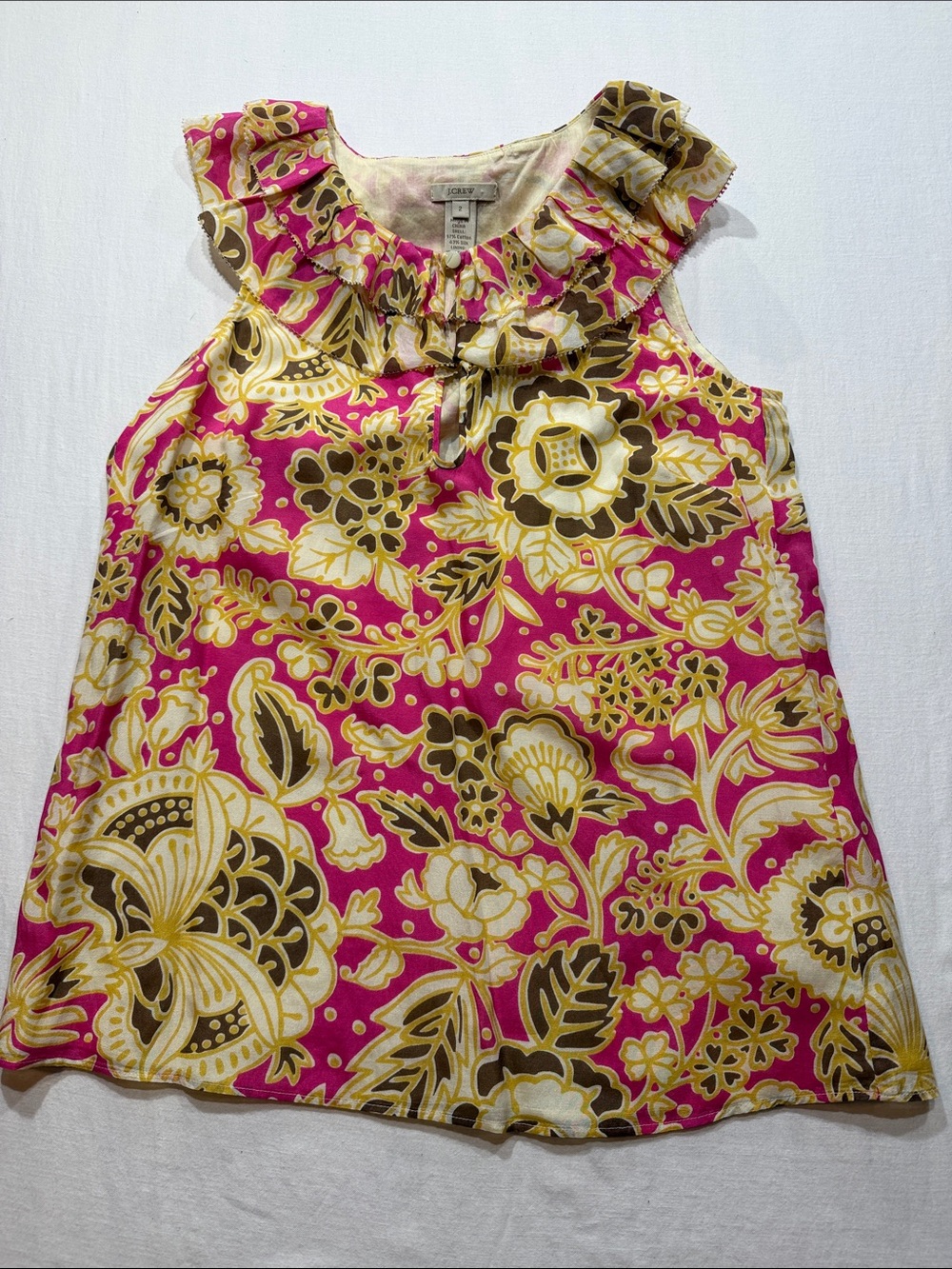 J. Crew Pink Floral Ruffle Neck Sleeveless Blouse cotton/silk